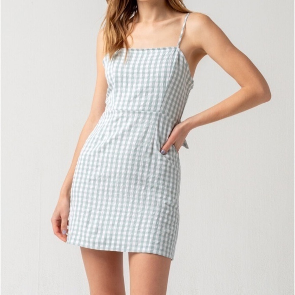 Ivy & Main green & white gingham bow embellished back cut out mini dress size XS